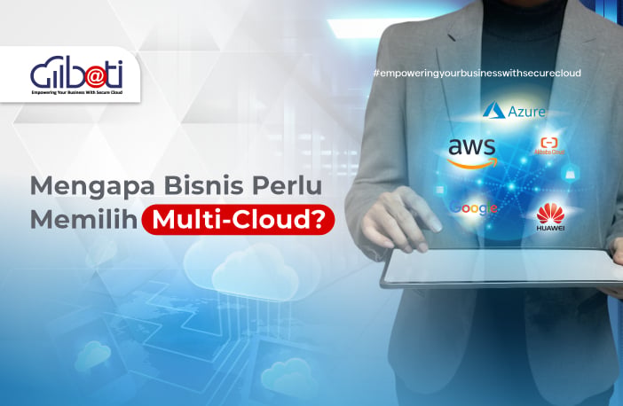 Gambar seorang pria di sebelah kanan yang memegang perangkat tablet dengan beberapa logo multi cloud provider. Di sebelah kiri ada judul artikel dengan nama Mengapa Bisnis Perlu Memilih Multi Cloud?